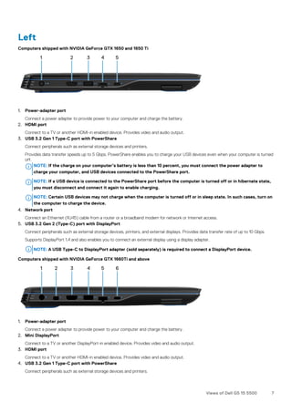 Left
Computers shipped with NVIDIA GeForce GTX 1650 and 1650 Ti
1. Power-adapter port
Connect a power adapter to provide power to your computer and charge the battery.
2. HDMI port
Connect to a TV or another HDMI-in enabled device. Provides video and audio output.
3. USB 3.2 Gen 1 Type-C port with PowerShare
Connect peripherals such as external storage devices and printers.
Provides data transfer speeds up to 5 Gbps. PowerShare enables you to charge your USB devices even when your computer is turned
off.
NOTE: If the charge on your computer’s battery is less than 10 percent, you must connect the power adapter to
charge your computer, and USB devices connected to the PowerShare port.
NOTE: If a USB device is connected to the PowerShare port before the computer is turned off or in hibernate state,
you must disconnect and connect it again to enable charging.
NOTE: Certain USB devices may not charge when the computer is turned off or in sleep state. In such cases, turn on
the computer to charge the device.
4. Network port
Connect an Ethernet (RJ45) cable from a router or a broadband modem for network or Internet access.
5. USB 3.2 Gen 2 (Type-C) port with DisplayPort
Connect peripherals such as external storage devices, printers, and external displays. Provides data transfer rate of up to 10 Gbps.
Supports DisplayPort 1.4 and also enables you to connect an external display using a display adapter.
NOTE: A USB Type-C to DisplayPort adapter (sold separately) is required to connect a DisplayPort device.
Computers shipped with NVIDIA GeForce GTX 1660Ti and above
1. Power-adapter port
Connect a power adapter to provide power to your computer and charge the battery.
2. Mini DisplayPort
Connect to a TV or another DisplayPort-in enabled device. Provides video and audio output.
3. HDMI port
Connect to a TV or another HDMI-in enabled device. Provides video and audio output.
4. USB 3.2 Gen 1 Type-C port with PowerShare
Connect peripherals such as external storage devices and printers.
Views of Dell G5 15 5500 7
 