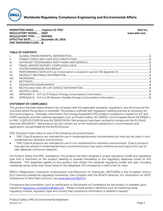 Worldwide Regulatory Compliance Engineering and Environmental Affairs
Product Safety, EMC & Environmental Datasheet
Revision A11 Page 1
MARKETING NAME…………Inspiron 15-7567 Dell Inc.
REGULATORY MODEL……P65F www.dell.com
REGULATORY TYPE…….…P65F001
EFFECTIVE DATE…….……..December 26, 2016
EMC EMISSIONS CLASS….B
TABLE OF CONTENTS
I.  GLOBAL ENVIRONMENTAL INFORMATION .........................................................................................................2 
II.  POWER CORDS AND USER DOCUMENTATION...................................................................................................2 
III.  DATASHEET RESPONSIBLE PARTY NAME AND ADDRESS....................................................................................2 
IV.  TRADE (IMPORT/EXPORT) COMPLIANCE DATA ..................................................................................................2 
V.  SYSTEM DIMENSION AND WEIGHT ......................................................................................................................2 
VI.  PERFORMANCE DATA (ErP Lot 3 information is located in section XIII Appendix A)..........................................2 
VII.  PRODUCT MATERIALS INFORMATION .................................................................................................................2 
VIII.  PACKAGING............................................................................................................................................................4 
IX.  BATTERIES ..............................................................................................................................................................4 
X.  DESIGN FOR ENVIRONMENT ................................................................................................................................4 
XI.  RECYCLING/ END-OF-LIFE SERVICE INFORMATION ..........................................................................................4 
XII.  HELPFUL LINKS.......................................................................................................................................................4 
XIII.  APPENDIX A: ErP Lot 3 Product (Energy Consumption) Information ................................................................5 
XIV.  APPENDIX B: ErP Lot 26 Network Standby (Energy Consumption) Information...............................................6 
STATEMENT OF COMPLIANCE
This product has been determined to be compliant with the applicable standards, regulations, and directives for the
countries where the product is marketed. The product is affixed with regulatory marking and text as necessary for
the country/agency. Generally, Information Technology Equipment (ITE) product compliance is based on IEC and
CISPR standards and their national equivalent such as Product Safety, IEC 60950-1 and European Norm EN 60950-1
or EMC, CISPR 22/CISPR 24 and EN 55022/55024. Dell products have been verified to comply with the EU RoHS
Directive 2011/65/EU. Dell products do not contain any of the restricted substances in concentrations and
applications not permitted by the RoHS Directive.
EMC Emissions Class refers to one of the following use environments:
 EMC Class B products are intended for use in residential/domestic environments but may also be used in non-
residential/non-domestic environments.
 EMC Class A products are intended for use in non-residential/non-domestic environments. Class A products
may also be utilized in residential/domestic environments but may cause interference and require the user to
take adequate corrective measures.
For Product Safety and EMC compliance, this product has been assigned a unique regulatory model and regulatory
type that is imprinted on the product labeling to provide traceability to the regulatory approvals noted on this
datasheet. This datasheet applies to any product that utilizes the assigned regulatory model and type including
marketing names other than those listed on this datasheet. ErP compliance is tied to the CE mark.
REACH (Registration, Evaluation, Authorization and Restriction of Chemicals, 1907/2006) is the European Union’s
(EU) chemical substances regulatory framework. Dell complies with the REACH directive. For information on SVHC
(Substances of Very High Concern), see www.dell.com/REACH.
Compliance documentation, such as certification or Declaration of Compliance for the product is available upon
request to regulatory_compliance@dell.com . Please include product identifiers such as marketing name,
regulatory module, regulatory type and country that compliance information is needed in request.
 