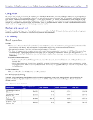 Configuration
We compare three similarly priced devices. To match the price of the Apple MacBook Neo, we configured the two Dell devices we priced for the cost
model differently than the devices we used as endpoints in our testing of the management tools (see Table 6). Those results would be unaffected by
these changes to the endpoints: the Dell Pro Education 11 (2-in-1) device tested had 8 GB memory; the one for the cost model had 4 GB. The Dell
Chromebook 14 device used in testing had an N250 processor and 128 GB storage, which is a configuration that is currently not available on the Dell
US store; we substituted a configuration with an N150 processor and 64 GB storage for the cost analysis. The 3-year support plans for each platform
include accidental damage protection and don’t add a per-incident service fee.
Hardware and support cost
Prices reflect institutional pricing at time of testing. Apple prices are sourced from the Apple US Education Institution price list (single-unit equivalent
for the five-unit bundle). Dell provided the institution pricing for the two devices we tested.
Cost summary
Overall assumptions
Devices
• Devices have a three-year lifecycle with one-third of the fleet refreshed each year at the end the three-year support plans purchased when the
district acquired those systems. New purchases also include three-year support plans with accidental damage protection.
• Device prices, licenses, and IT staff costs hold flat across the three years of this model.
• The district will buy spare devices to replace devices needing repair. New spares are sized at 5 percent of the Dell PC and Chromebook fleets
with the assumption that any additional spares can be pulled from the three-year old systems being replaced each year. Spares are at 15
percent for the all-new Apple MacBook Neo fleet—the higher Apple multiplier reflects depot repair turnaround versus Dell’s next-business-day
on-site service.
• Software licenses and subscriptions:
y Teachers and staff use Microsoft Office apps in the cloud or on their devices to do their work. Students work with Google Workspace for
Education apps.
y District IT administrators use Microsoft Intune as the MDM to manage the Windows and macOS devices, and to provide visibility into the
Google Admin console that it uses to manage the ChromeOS devices. They use Apple School Manager, a free web-based portal, to deploy
the macOS devices.
Device management
• We used an IT staffing ratio of 1:500 devices for staffing calculations.
Per-device cost summary
Three-year cost includes the one-time device-and-support charge plus three years of annual license fees per device or user. Apple devices use
AppleCare+ for Schools (3-year) bundled into the hardware figure; the Dell PCs and Chromebooks bundle ProSupport Plus with Accidental
Damage Protection.
Table 7: A summary of cost information.
Device option
Device + support (one-
time)
Other one-time Annual subscriptions 3-year total
Teachers/staff — Dell Pro
Education 11
$609.59 $0.00 $97.99 $903.56
Teachers/staff — Apple
MacBook Neo
$603.00 $0.00 $97.99 $896.97
Students — Dell
Chromebook 14
$574.43 $35.00 $6.00 $627.43
Students — Apple
MacBook Neo
$603.00 $0.00 $6.00 $621.00
Introducing a third platform, such as the new MacBook Neo, may multiply complexity, staffing demand, and support overhead 40
 