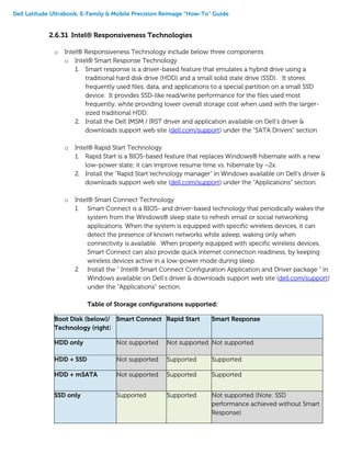 Dell Latitude Ultrabook, E-Family & Mobile Precision Reimage “How-To” Guide
2.6.31 Intel® Responsiveness Technologies
o Intel® Responsiveness Technology include below three components
o Intel® Smart Response Technology
1. Smart response is a driver-based feature that emulates a hybrid drive using a
traditional hard disk drive (HDD) and a small solid state drive (SSD). It stores
frequently used files, data, and applications to a special partition on a small SSD
device. It provides SSD-like read/write performance for the files used most
frequently, while providing lower overall storage cost when used with the larger-
sized traditional HDD.
2. Install the Dell IMSM / IRST driver and application available on Dell’s driver &
downloads support web site (dell.com/support) under the “SATA Drivers” section
o Intel® Rapid Start Technology
1. Rapid Start is a BIOS-based feature that replaces Windows® hibernate with a new
low-power state; it can improve resume time vs. hibernate by ~2x.
2. Install the "Rapid Start technology manager" in Windows available on Dell’s driver &
downloads support web site (dell.com/support) under the “Applications” section.
o Intel® Smart Connect Technology
1 Smart Connect is a BIOS- and driver-based technology that periodically wakes the
system from the Windows® sleep state to refresh email or social networking
applications. When the system is equipped with specific wireless devices, it can
detect the presence of known networks while asleep, waking only when
connectivity is available. When properly equipped with specific wireless devices,
Smart Connect can also provide quick internet connection readiness, by keeping
wireless devices active in a low-power mode during sleep.
2 Install the " Intel® Smart Connect Configuration Application and Driver package " in
Windows available on Dell’s driver & downloads support web site (dell.com/support)
under the “Applications” section.
Table of Storage configurations supported:
Boot Disk (below)/
Technology (right)
Smart Connect Rapid Start Smart Response
HDD only Not supported Not supported Not supported
HDD + SSD Not supported Supported Supported
HDD + mSATA Not supported Supported Supported
SSD only Supported Supported Not supported (Note: SSD
performance achieved without Smart
Response)
 