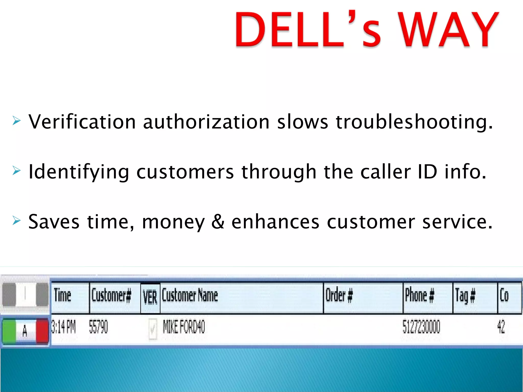 Verification authorization slows troubleshooting. Identifying customers through the caller ID info. Saves time, money & enhances customer service. 