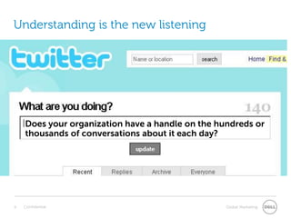 Understanding is the new listening




    Does your organization have a handle on the hundreds or
    thousands of conversations about it each day?




9   Confidential                                  Global Marketing
 