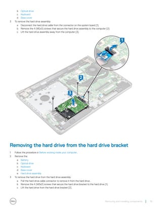 b Optical drive
c Keyboard
d Base cover
3 To remove the hard drive assembly:
a Disconnect the hard drive cable from the connector on the system board [1].
b Remove the 4 (M2x3) screws that secure the hard drive assembly to the computer [2].
c Lift the hard drive assembly away from the computer [3].
Removing the hard drive from the hard drive bracket
1 Follow the procedure in Before working inside your computer.
2 Remove the:
a Battery
b Optical drive
c Keyboard
d Base cover
e Hard drive assembly
3 To remove the hard drive from the hard drive assembly:
a Pull the hard drive cable connector to remove it from the hard drive .
b Remove the 4 (M3x3) screws that secure the hard drive bracket to the hard drive [1].
c Lift the hard drive from the hard drive bracket [2].
Removing and installing components 19
 