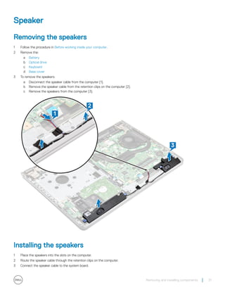 Speaker
Removing the speakers
1 Follow the procedure in Before working inside your computer.
2 Remove the:
a Battery
b Optical drive
c Keyboard
d Base cover
3 To remove the speakers:
a Disconnect the speaker cable from the computer [1].
b Remove the speaker cable from the retention clips on the computer [2].
c Remove the speakers from the computer [3].
Installing the speakers
1 Place the speakers into the slots on the computer.
2 Route the speaker cable through the retention clips on the computer.
3 Connect the speaker cable to the system board.
Removing and installing components 31
 