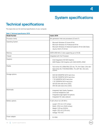 System specifications
Technical specifications
This topics lists out the technical specifications of your computer.
Table 3. Technical specification 3578
Model Number Vostro 3578
Processor family 8th generation Intel core processors (i5 and i7)
Operating System • Microsoft Windows 10 Home 64 bit
• Microsoft Windows 10 Professional 64 bit
• Microsoft Windows 10 National Academic 64-bit (Bid Desk)
• Ubuntu 16.04 LTS 64-bit
Memory DDR4 2400 MHz 2 slots supporting up to 16 GB
Chipset Integrated with the Processor
Graphics
• Intel Integrated UHD 620 Graphics
• AMD Radeon 520 Graphics with 2GB GDDR5 vRAM
Display
• 15.6 inches HD (1366x768) 220 nits, TN, Anti-Glare, Ultra-slim
• 15.6 inches AG, FHD(1920x1080), TN, eDP, flat, Ultra-slim,
220nits
Storage options
• 500 GB 5400RPM SATA hard drive
• 500 GB 7200RPM SATA hard drive
• 1 TB 5400RPM SATA hard drive
• 1 TB 7200RPM SATA hard drive
• 128 GB solid state drive (SSD)
• 256 GB solid state drive (SSD)
Multimedia
• Integrated High Quality Speakers
• Universal Headphone Jack
• Integrated single digital microphone
• Integrated HD video webcam
Battery options 4-cell Lithium Ion (40 WHr)
• Length: 37.5 mm (1.47 inches)
• Width: 270.0 mm (10.63 inches)
• Weight: 0.25 kg (0.56 lb)
• Height: 20.0 mm (0.78 inch)
• Voltage: 14.8 VDC
Power adapter
• E4 45W
4
56 System specifications
 