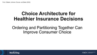 From: Dellaert, Johnson, Duncan, and Baker (2022)
Choice Architecture for
Healthier Insurance Decisions
Ordering and Partitioning Together Can
Improve Consumer Choice
 