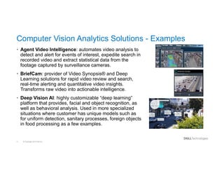 © Copyright 2019 Dell Inc.11
Computer Vision Analytics Solutions - Examples
• Agent Video Intelligence: automates video analysis to
detect and alert for events of interest, expedite search in
recorded video and extract statistical data from the
footage captured by surveillance cameras.
• BriefCam: provider of Video Synopsis® and Deep
Learning solutions for rapid video review and search,
real-time alerting and quantitative video insights.
Transforms raw video into actionable intelligence.
• Deep Vision AI: highly customizable “deep learning”
platform that provides, facial and object recognition, as
well as behavioral analysis. Used in more specialized
situations where customer has unique models such as
for uniform detection, sanitary processes, foreign objects
in food processing as a few examples.
 