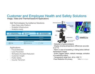 15
Customer and Employee Health and Safety Solutions
• Detection of persons/objects
• Display showing temperature differences accurate
to 0.1°C
• Alarm in case of exceeding or falling below defined
temperature ranges
• Event Triggers (alarm, network message, activation
of a switching output)
• Temperature range from -40 to +550 °C
•Face Redaction for privacy
Dell Workstation
with NVIDIA
Dell Technologies Surveillance Solutions
- Open Data Lake Platform
- Scalable Infrastructure
- Analytics-ready
Image, Video and Thermal-based AI Applications
Applications
- Fraud Detection
- Loss Prevention
- Workplace Accident Reduction
- Customer Insight
- Public Safety
- Counter Terrorism
 