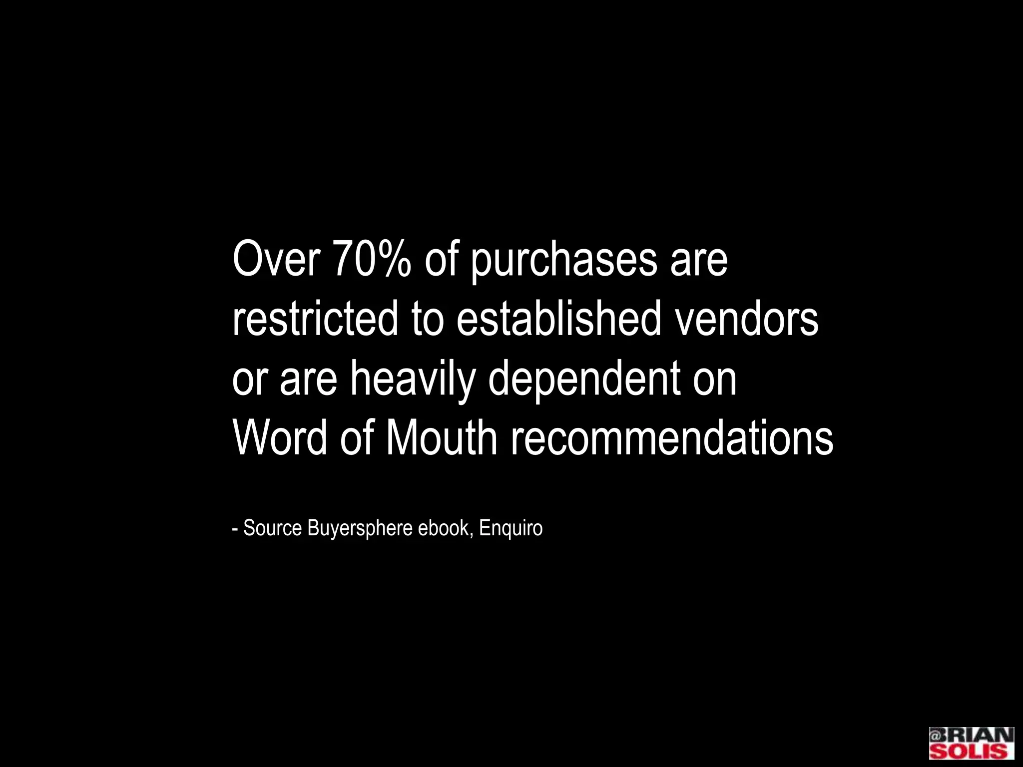 Over 70% of purchases are restricted to established vendors or are heavily dependent on Word of Mouth recommendations- Source Buyersphereebook, Enquiro