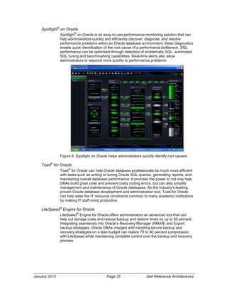 Spotlight® on Oracle
                        ®
               Spotlight on Oracle is an easy-to-use performance monitoring solution that can
               help administrators quickly and efficiently discover, diagnose, and resolve
               performance problems within an Oracle database environment. Deep diagnostics
               enable quick identification of the root cause of a performance bottleneck. SQL
               performance can be optimized through detection of problematic SQL, automated
               SQL tuning and benchmarking capabilities. Real-time alerts also allow
               administrators to respond more quickly to performance problems.




               Figure 6: Spotlight on Oracle helps administrators quickly identify root causes.

    Toad® for Oracle
                    ®
               Toad for Oracle can help Oracle database professionals be much more efficient
               with tasks such as writing or tuning Oracle SQL queries, generating reports, and
               maintaining overall database performance. It provides the power to not only help
               DBAs build great code and prevent costly coding errors, but can also simplify
               management and maintenance of Oracle databases. As the industry's leading,
               proven Oracle database development and administration tool, Toad for Oracle
               can help ease the IT resource constraints common to many academic institutions
               by making IT staff more productive.

    LiteSpeed® Engine for Oracle
                            ®
               LiteSpeed Engine for Oracle offers administrators an advanced tool that can
               help cut storage costs and reduce backup and restore times by up to 50 percent.
               Integrating seamlessly into Oracle’s Recovery Manager (RMAN) and Export
               backup strategies, Oracle DBAs charged with handling secure backup and
               recovery strategies on a lean budget can realize 70 to 90 percent compression
               with LiteSpeed while maintaining complete control over the backup and recovery
               process.




January 2010                                Page 25                  Dell Reference Architectures
 