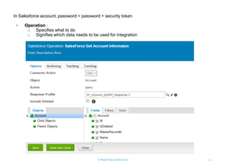 © RapidValue Solutions 11
In Salesforce account, password = password + security token
• Operation :
o Specifies what to do
o Signifies which data needs to be used for integration
 