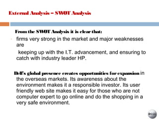 Fromthe SWOT Analysis it is clearthat:
- firms very strong in the market and major weaknesses
are
keeping up with the I.T. advancement, and ensuring to
catch with industry leader HP.
Dell’s global presence creates opportunities forexpansion in
the overseas markets. Its awareness about the
environment makes it a responsible investor. Its user
friendly web site makes it easy for those who are not
computer expert to go online and do the shopping in a
very safe environment.
External Analysis – SWOT Analysis
 