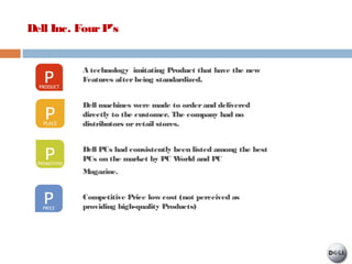 Dell Inc. FourP’s
A technology imitating Product that have the new
Features afterbeing standardized.
Dell machines were made to orderand delivered
directly to the customer. The company had no
distributors orretail stores.
Dell PCs had consistently been listed among the best
PCs on the market by PC World and PC
Magazine.
Competitive Price low cost (not perceived as
providing high-quality Products)
 