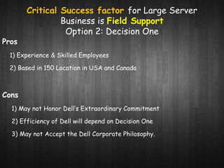Critical Success factor for Large Server 
Business is Field Support 
Option 2: Decision One 
Pros 
1) Experience & Skilled Employees 
2) Based in 150 Location in USA and Canada 
Cons 
1) May not Honor Dell’s Extraordinary Commitment 
2) Efficiency of Dell will depend on Decision One 
3) May not Accept the Dell Corporate Philosophy. 
 