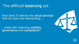 The difficult balancing act
…while still retaining visibility,
governance and compliance?
How does IT deliver the cloud services
that its users are demanding …
 
