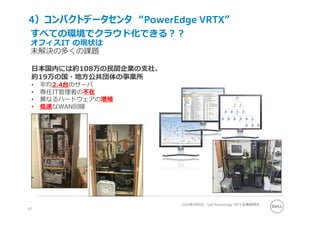 ⽇本国内には約108万の⺠間企業の⽀社、
約19万の国・地⽅公共団体の事業所
• 平均2.4台のサーバ
• 専任IT管理者の不在
• 異なるハードウェアの増殖
• 低速なWAN回線
すべての環境でクラウド化できる？？
オフィスIT の現状は
未解決の多くの課題
17
2013年6⽉6⽇ Dell PowerEdge VRTX 記者説明会
4）コンパクトデータセンタ “PowerEdge VRTX”
 