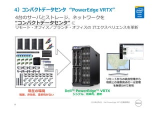 4台のサーバとストレージ、ネットワークを
“コンパクトデータセンタ” に
リモート・オフィス／ブランチ・オフィスの ITエクスペリエンスを⾰新
現在の環境
複雑、⾮効率、柔軟性がない
Dell™ PowerEdge™ VRTX
シンプル、効率的、柔軟
18
2013年6⽉6⽇ Dell PowerEdge VRTX 記者説明会
4）コンパクトデータセンタ “PowerEdge VRTX”
リモートからの統合管理から
地図上の複数拠点の⼀元管理
を無償SWで実現
 