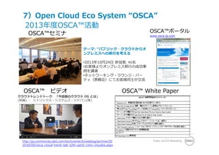 Public and LE Marketing
OSCA™ポータル
www.osca-jp.com
2013年度OSCA™活動
テーマ: “パブリック・クラウドからオ
ンプレミスへの移⾏を考える
•2013年10⽉24⽇ 参加者: 46名
•お客様よりオンプレミス移⾏の成功事
例を講演
•ネットワーキング・ラウンジ・パー
ティ（懇親会）にてお客様同⼠が交流
OSCA™セミナ
クラウドトレンドトーク 「今話題のクラウド OS とは」
(前編) ： シトリックス・システムズ・ジャパン(株)
http://ja.community.dell.com/techcenter/b/weblog/archive/20
13/10/10/osca-cloud-trend-talk-12th-part1-citrix-cloudos.aspx
OSCA™ ビデオ OSCA™ White Paper
7）Open Cloud Eco System “OSCA”
 