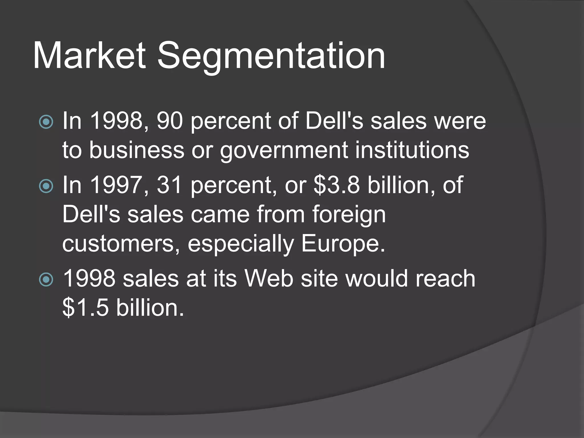 Market SegmentationIn 1998, 90 percent of Dell's sales were to business or government institutionsIn 1997, 31 percent, or $3.8 billion, of Dell's sales came from foreign customers, especially Europe.1998 sales at its Web site would reach $1.5 billion. 