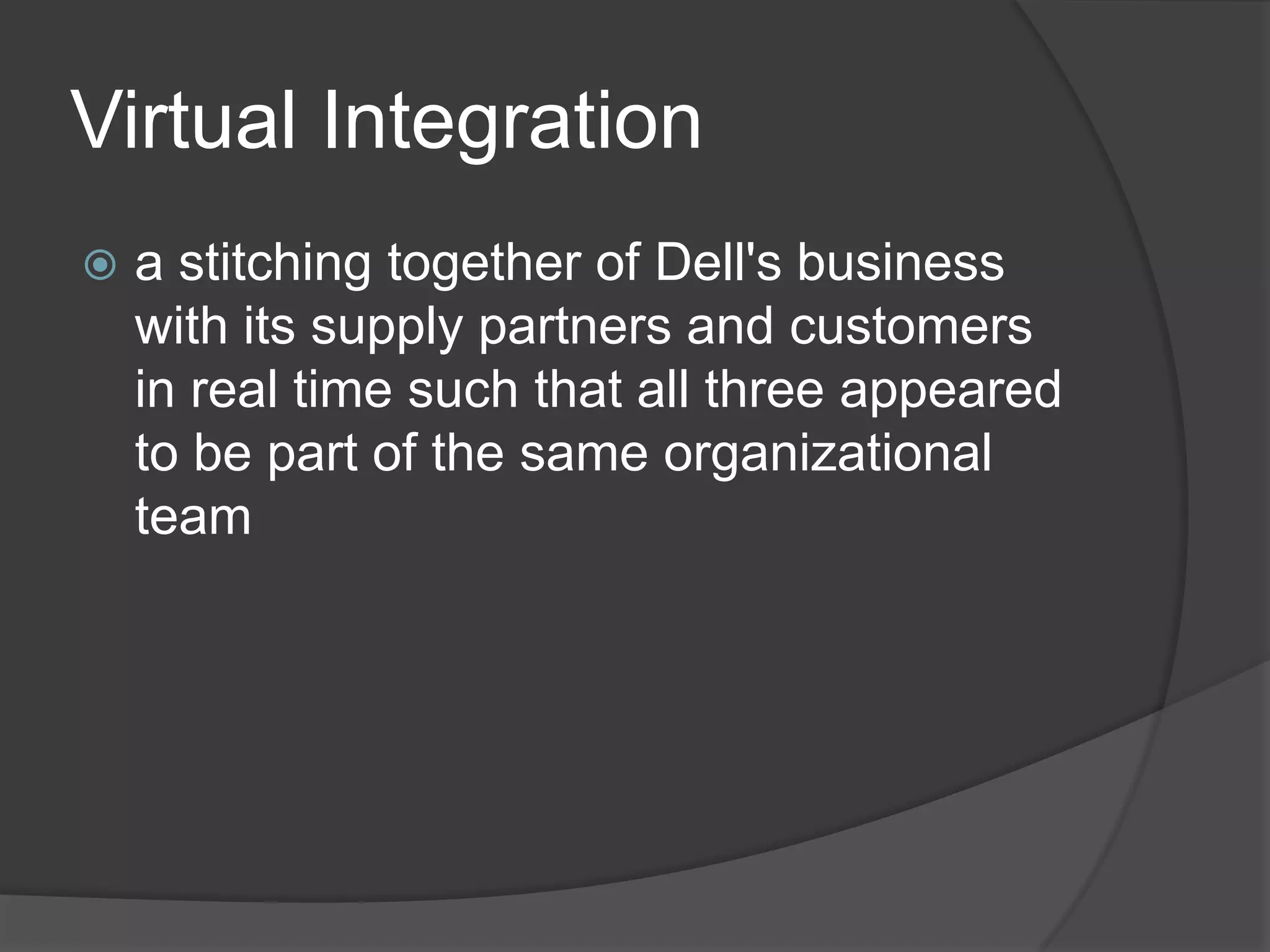Virtual Integrationa stitching together of Dell's business with its supply partners and customers in real time such that all three appeared to be part of the same organizational team