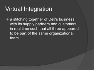 Virtual Integrationa stitching together of Dell's business with its supply partners and customers in real time such that all three appeared to be part of the same organizational team