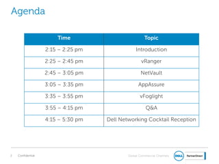 Global Commercial Channels
Agenda
Confidential2
Time Topic
2:15 – 2:25 pm Introduction
2:25 – 2:45 pm vRanger
2:45 – 3:05 pm NetVault
3:05 – 3:35 pm AppAssure
3:35 – 3:55 pm vFoglight
3:55 – 4:15 pm Q&A
4:15 – 5:30 pm Dell Networking Cocktail Reception
 
