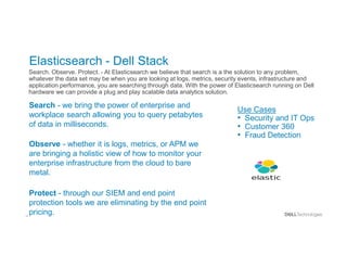 14
Elasticsearch - Dell Stack
Search. Observe. Protect. - At Elasticsearch we believe that search is a the solution to any problem,
whatever the data set may be when you are looking at logs, metrics, security events, infrastructure and
application performance, you are searching through data. With the power of Elasticsearch running on Dell
hardware we can provide a plug and play scalable data analytics solution.
• Search - we bring the power of enterprise and
workplace search allowing you to query petabytes
of data in milliseconds.
• Observe - whether it is logs, metrics, or APM we
are bringing a holistic view of how to monitor your
enterprise infrastructure from the cloud to bare
metal.
• Protect - through our SIEM and end point
protection tools we are eliminating by the end point
pricing.
Use Cases
• Security and IT Ops
• Customer 360
• Fraud Detection
 