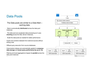 25
Data Pools
The Data pools are similar to a Data Mart –
caching data.
– Data is automatically distributed across the data pool
instances
– The data pool can accelerate data processing as it uses
sharding across the SQL Server instances.
– Scale the data pools as needed for better performance
• Cache and combine datasets from external sources without
writing code
• Offload query execution from source databases
• Columnstore indexes are automatically applied to compress
data storage and boost query performance by up to 10x
• Filtering and local aggregations happen in parallel across the
data pool instances
Scale-out data pool
Cosmos DB Oracle
PolyBase
connectors
Shard 1 Shard nShard 2
SQL Server master instance
T-SQL
PolyBase external tables
SQL
Server
HDFS Data Node
Spark
SQL
Server
HDFS Data Node
Spark
SQL
Server
HDFS Data Node
Spark
 