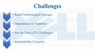 Challenges
• Rapid Technological Changes
• Dependency on Suppliers
• Just-In-Time (JIT) Challenges
• Sustainability Concerns
 