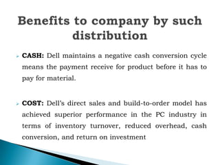  CASH: Dell maintains a negative cash conversion cycle
means the payment receive for product before it has to
pay for material.
 COST: Dell’s direct sales and build-to-order model has
achieved superior performance in the PC industry in
terms of inventory turnover, reduced overhead, cash
conversion, and return on investment
 