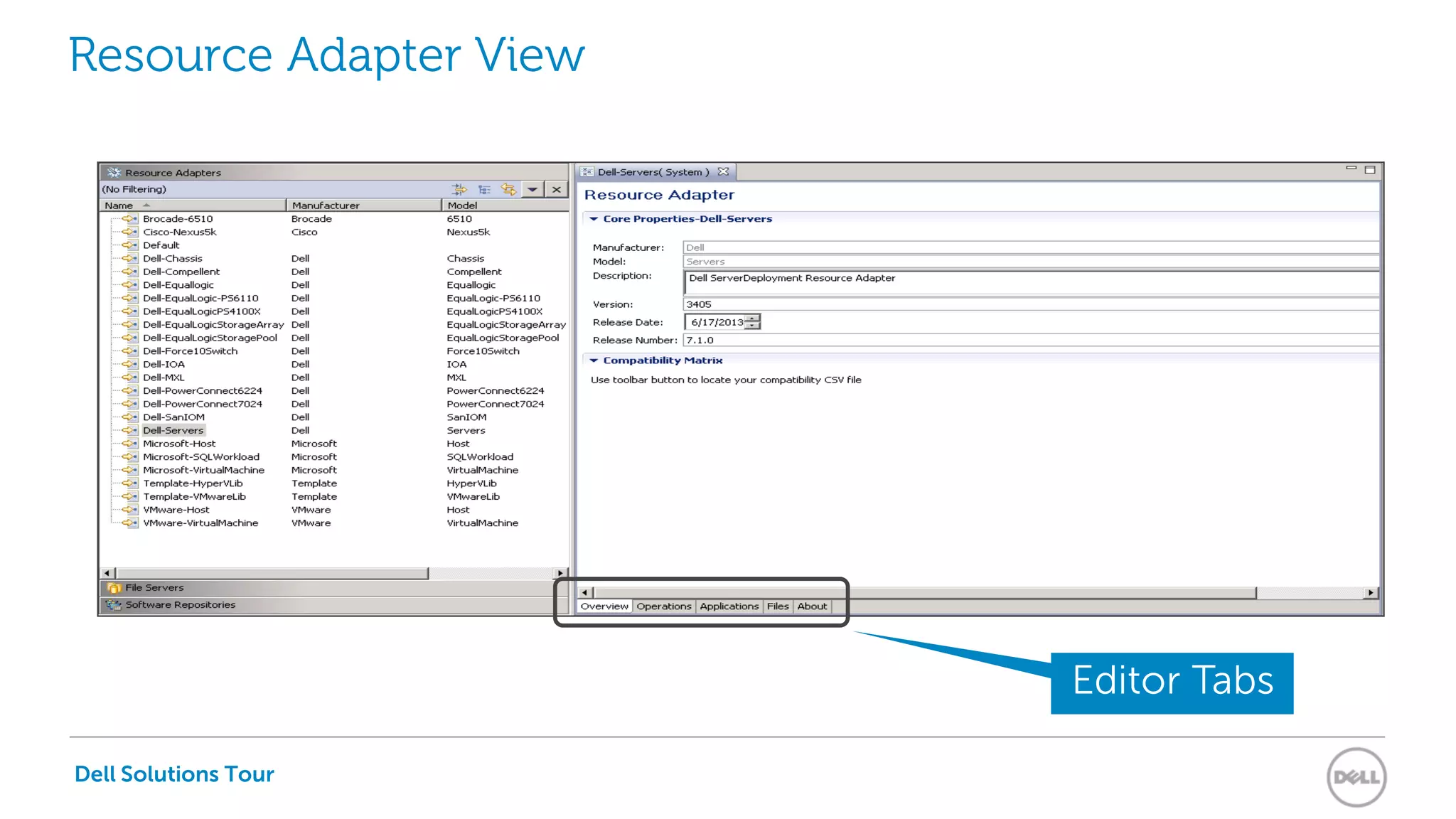 Dell Solutions Tour
Resource Adapter View
Editor Tabs
 
