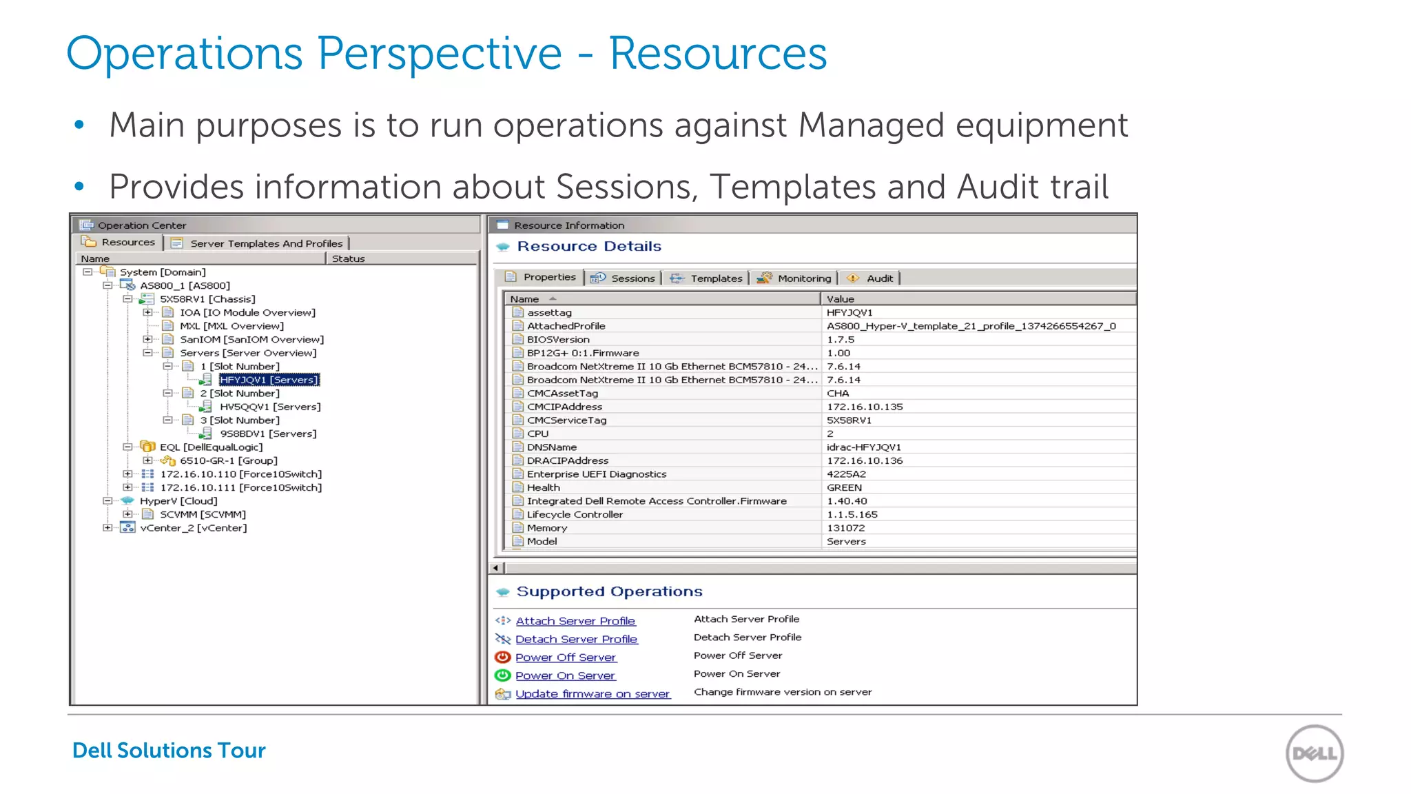 Dell Solutions Tour
Operations Perspective - Resources
• Main purposes is to run operations against Managed equipment
• Provides information about Sessions, Templates and Audit trail
 