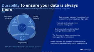 Copyright © Dell Inc. All Rights Reserved.
18 Copyright Dell Inc. All Rights Reserved.
Inline data
verification
Continuous fault
detection & self-healing
Recovery
verification
Stored
correctly
Stays correct
Recovered
correctly
Durability to ensure your data is always
there
Data Invulnerability Architecture (DIA) ensures that you can recover what you back up—every time
New data and metadata never
overwrite existing data
Continuous fault detection and self-
healing of data stored on disk
The filesystem is always consistent due
to an append-only architecture
Data is validated and verified to be correct even at
the point-of-origin when using the DD Boost protocol
Data errors are corrected immediately from
persistent memory, including in-flight data
100% data validation from end-to-end – Industry Exclusive
 