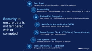 Copyright © Dell Inc. All Rights Reserved.
35
Security to
ensure data is
not tampered
with or
corrupted
Transport Protocol – DD Boost
Encrypted, Secure, Authorized, Not Open
Secure System Clock | NTP Clock | Tamper Controls
Clock Change | Drift | Synchronization
End-to-End Encryption
Data in Flight TL2 1.2 256 Bit | Data at Rest FIPS 140-2 Crypto Libraries
File System - DDFS
Hashed Containers – not recognized by malware
Multi-factor Authentication (MFA)
Web UI, CLI, Security Officer, and iDRAC
Immutability
Retention Lock Compliance Mode | SEC 17a-4(f) Compliance | FDA 21 Part II
Zero Trust
Hardware Root of Trust | Secure Boot | RBAC | Secure Period
 