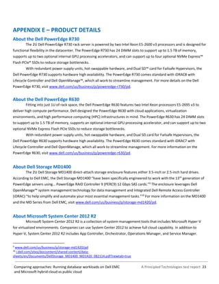 A Principled Technologies test report 23Comparing approaches: Running database workloads on Dell EMC
and Microsoft hybrid cloud vs public cloud
APPENDIX E – PRODUCT DETAILS
About the Dell PowerEdge R730
The 2U Dell PowerEdge R730 rack server is powered by two Intel Xeon E5-2600 v3 processors and is designed for
functional flexibility in the datacenter. The PowerEdge R730 has 24 DIMM slots to support up to 1.5 TB of memory,
supports up to two optional internal GPU processing accelerators, and can support up to four optional NVMe Express™
Flash PCIe® SSDs to reduce storage bottlenecks.
With redundant power supply units, hot-swappable hardware, and Dual SD™ card for Failsafe Hypervisors, the
Dell PowerEdge R730 supports hardware high availability. The PowerEdge R730 comes standard with iDRAC8 with
Lifecycle Controller and Dell OpenManage™, which all work to streamline management. For more details on the Dell
PowerEdge R730, visit www.dell.com/us/business/p/poweredge-r730/pd.
About the Dell PowerEdge R630
Fitting into just 1U of rack space, the Dell PowerEdge R630 features two Intel Xeon processors E5-2695 v3 to
deliver high compute performance. Dell designed the PowerEdge R630 with cloud applications, virtualization
environments, and high performance computing (HPC) infrastructures in mind. The PowerEdge R630 has 24 DIMM slots
to support up to 1.5 TB of memory, supports an optional internal GPU processing accelerator, and can support up to two
optional NVMe Express Flash PCIe SSDs to reduce storage bottlenecks.
With redundant power supply units, hot-swappable hardware, and Dual SD card for Failsafe Hypervisors, the
Dell PowerEdge R630 supports hardware high availability. The PowerEdge R630 comes standard with iDRAC7 with
Lifecycle Controller and Dell OpenManage, which all work to streamline management. For more information on the
PowerEdge R630, visit www.dell.com/us/business/p/poweredge-r630/pd.
About Dell Storage MD1400
The 2U Dell Storage MD1400 direct-attach storage enclosure features either 3.5-inch or 2.5-inch hard drives.
According to Dell EMC, the Dell Storage MD1400 “have been specifically engineered to work with the 13th
generation of
PowerEdge servers using… PowerEdge RAID Controller 9 (PERC9) 12 Gbps SAS cards.”9
The enclosure leverages Dell
OpenManage™ system management technology for data management and Integrated Dell Remote Access Controller
(iDRAC) “to help simplify and automate your most essential management tasks.”10
For more information on the MD1400
and the MD Series from Dell EMC, visit www.dell.com/us/business/p/storage-md1420/pd.
About Microsoft System Center 2012 R2
Microsoft System Center 2012 R2 is a collection of system management tools that includes Microsoft Hyper-V
for virtualized environments. Companies can use System Center 2012 to achieve full cloud capability. In addition to
Hyper-V, System Center 2012 R2 includes App Controller, Orchestrator, Operations Manager, and Service Manager.
9
www.dell.com/us/business/p/storage-md1420/pd
10
i.dell.com/sites/doccontent/shared-content/data-
sheets/en/Documents/DellStorage_MD1400_MD1420_082114.pdf?newtab=true
 