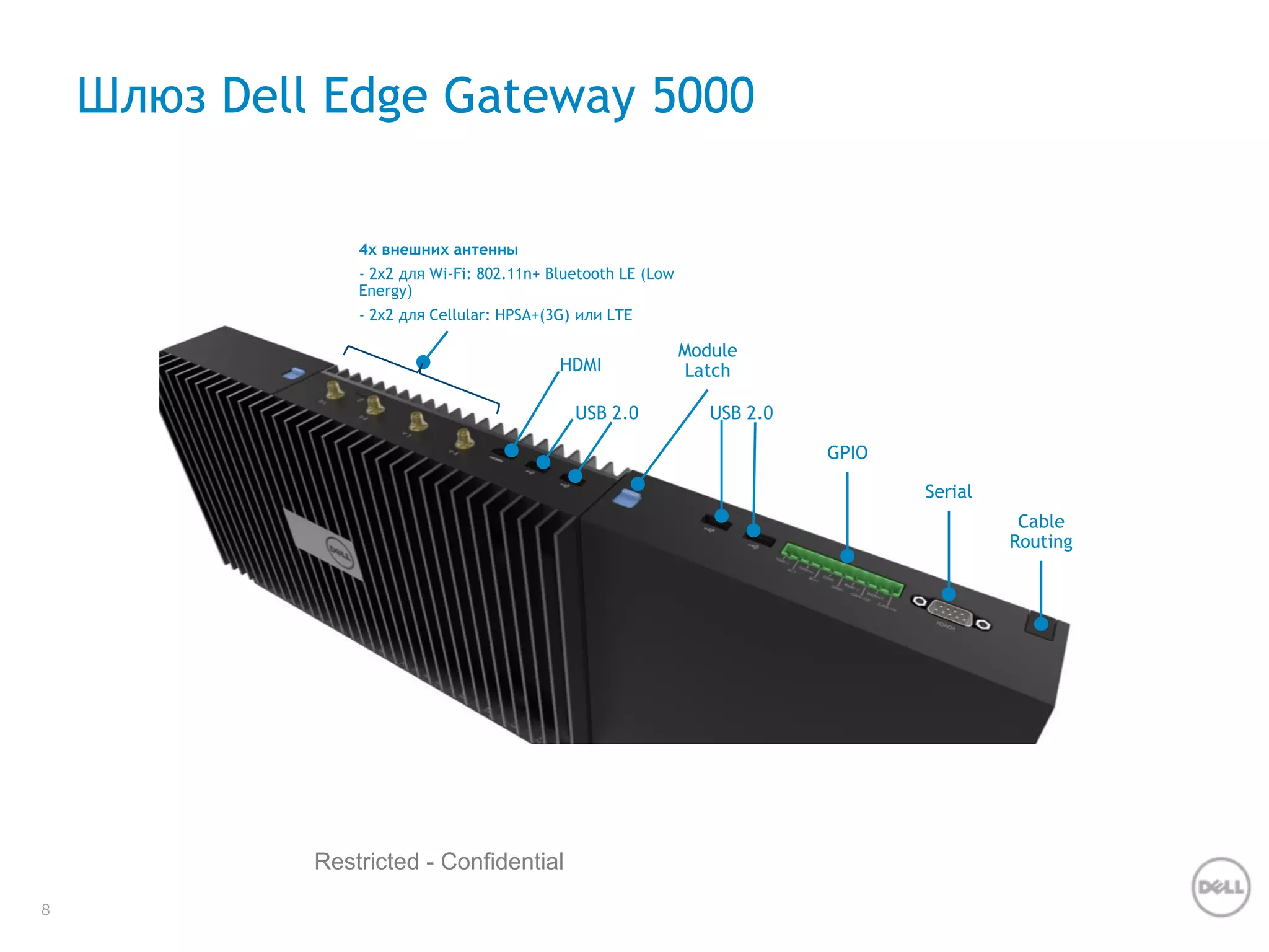 8
Restricted - Confidential
Шлюз Dell Edge Gateway 5000
Serial
GPIO
USB 2.0
Module
Latch
Cable
Routing
4x внешних антенны
- 2x2 для Wi-Fi: 802.11n+ Bluetooth LE (Low
Energy)
- 2x2 для Cellular: HPSA+(3G) или LTE
USB 2.0
HDMI
 