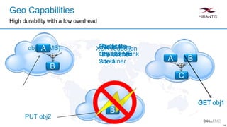 Geo Capabilities
High durability with a low overhead
16
A
A
B
B
C
A
PUT obj1 (1 MB)
PUT obj2
GET obj1GET obj1
Replicate
the 128 MB
container
XOR reductionobj1 (1 MB) Read the
Object from
Site-1
Cache the
128 MB chunk
Read from
the cache
B
 