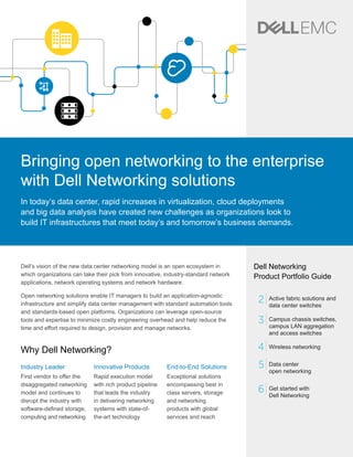 Bringing open networking to the enterprise
with Dell Networking solutions
In today’s data center, rapid increases in virtualization, cloud deployments
and big data analysis have created new challenges as organizations look to
build IT infrastructures that meet today’s and tomorrow’s business demands.
Why Dell Networking?
Dell Networking
Product Portfolio Guide
Dell’s vision of the new data center networking model is an open ecosystem in
which organizations can take their pick from innovative, industry-standard network
applications, network operating systems and network hardware.
Open networking solutions enable IT managers to build an application-agnostic
infrastructure and simplify data center management with standard automation tools
and standards-based open platforms. Organizations can leverage open-source
tools and expertise to minimize costly engineering overhead and help reduce the
time and effort required to design, provision and manage networks.
Industry Leader
First vendor to offer the
disaggregated networking
model and continues to
disrupt the industry with
software-defined storage,
computing and networking
Innovative Products
Rapid execution model
with rich product pipeline
that leads the industry
in delivering networking
systems with state-of-
the-art technology
End-to-End Solutions
Exceptional solutions
encompassing best in
class servers, storage
and networking
products with global
services and reach
Active fabric solutions and
data center switches
Campus chassis switches,
campus LAN aggregation
and access switches
Wireless networking
Data center
open networking
Get started with
Dell Networking
2
3
4
5
6
 