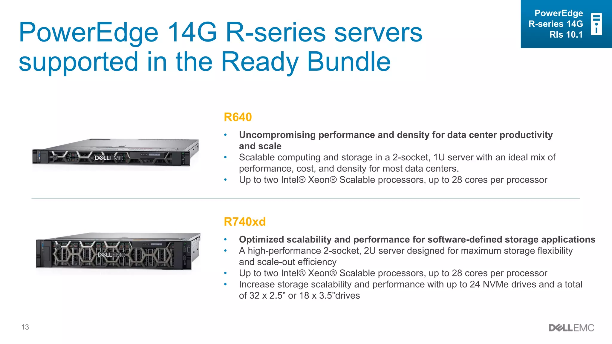13
PowerEdge 14G R-series servers
supported in the Ready Bundle
R740xd
• Optimized scalability and performance for software-defined storage applications
• A high-performance 2-socket, 2U server designed for maximum storage flexibility
and scale-out efficiency
• Up to two Intel® Xeon® Scalable processors, up to 28 cores per processor
• Increase storage scalability and performance with up to 24 NVMe drives and a total
of 32 x 2.5” or 18 x 3.5”drives
R640
• Uncompromising performance and density for data center productivity
and scale
• Scalable computing and storage in a 2-socket, 1U server with an ideal mix of
performance, cost, and density for most data centers.
• Up to two Intel® Xeon® Scalable processors, up to 28 cores per processor
PowerEdge
R-series 14G
Rls 10.1
 