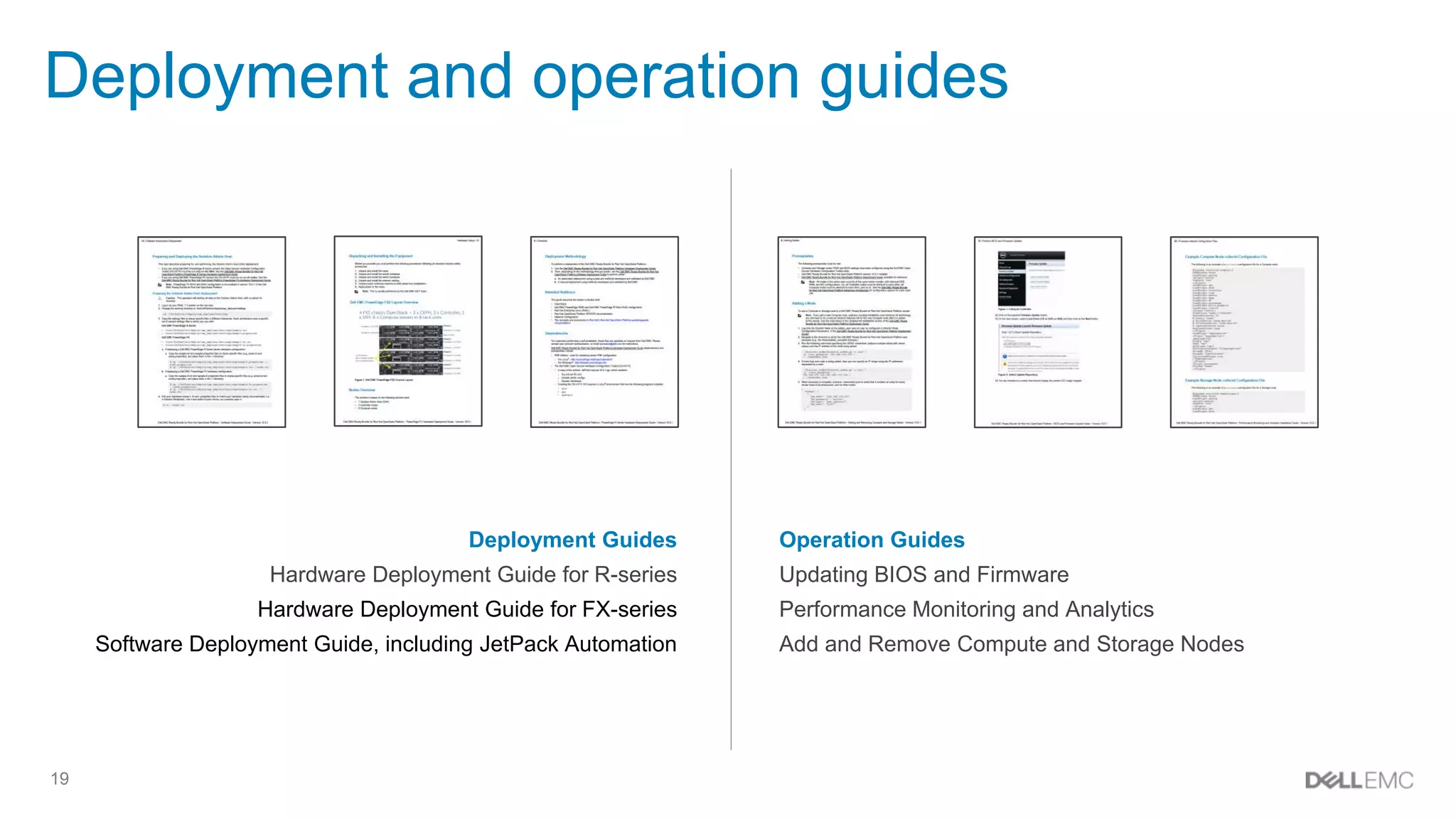 19
Deployment and operation guides
Operation Guides
Updating BIOS and Firmware
Performance Monitoring and Analytics
Add and Remove Compute and Storage Nodes
Deployment Guides
Hardware Deployment Guide for R-series
Hardware Deployment Guide for FX-series
Software Deployment Guide, including JetPack Automation
 