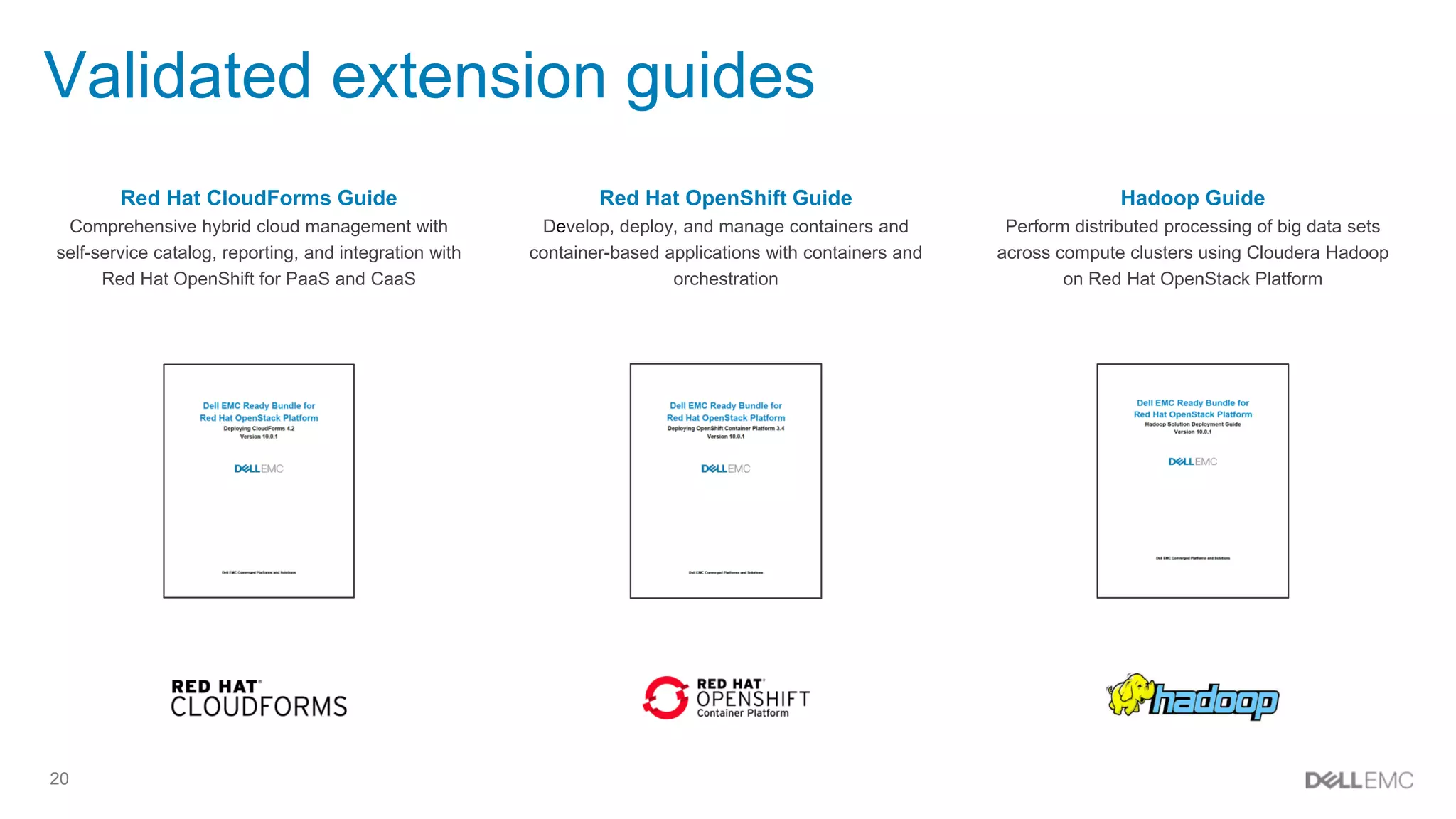 20
Validated extension guides
Red Hat OpenShift Guide
Develop, deploy, and manage containers and
container-based applications with containers and
orchestration
Hadoop Guide
Perform distributed processing of big data sets
across compute clusters using Cloudera Hadoop
on Red Hat OpenStack Platform
Red Hat CloudForms Guide
Comprehensive hybrid cloud management with
self-service catalog, reporting, and integration with
Red Hat OpenShift for PaaS and CaaS
 