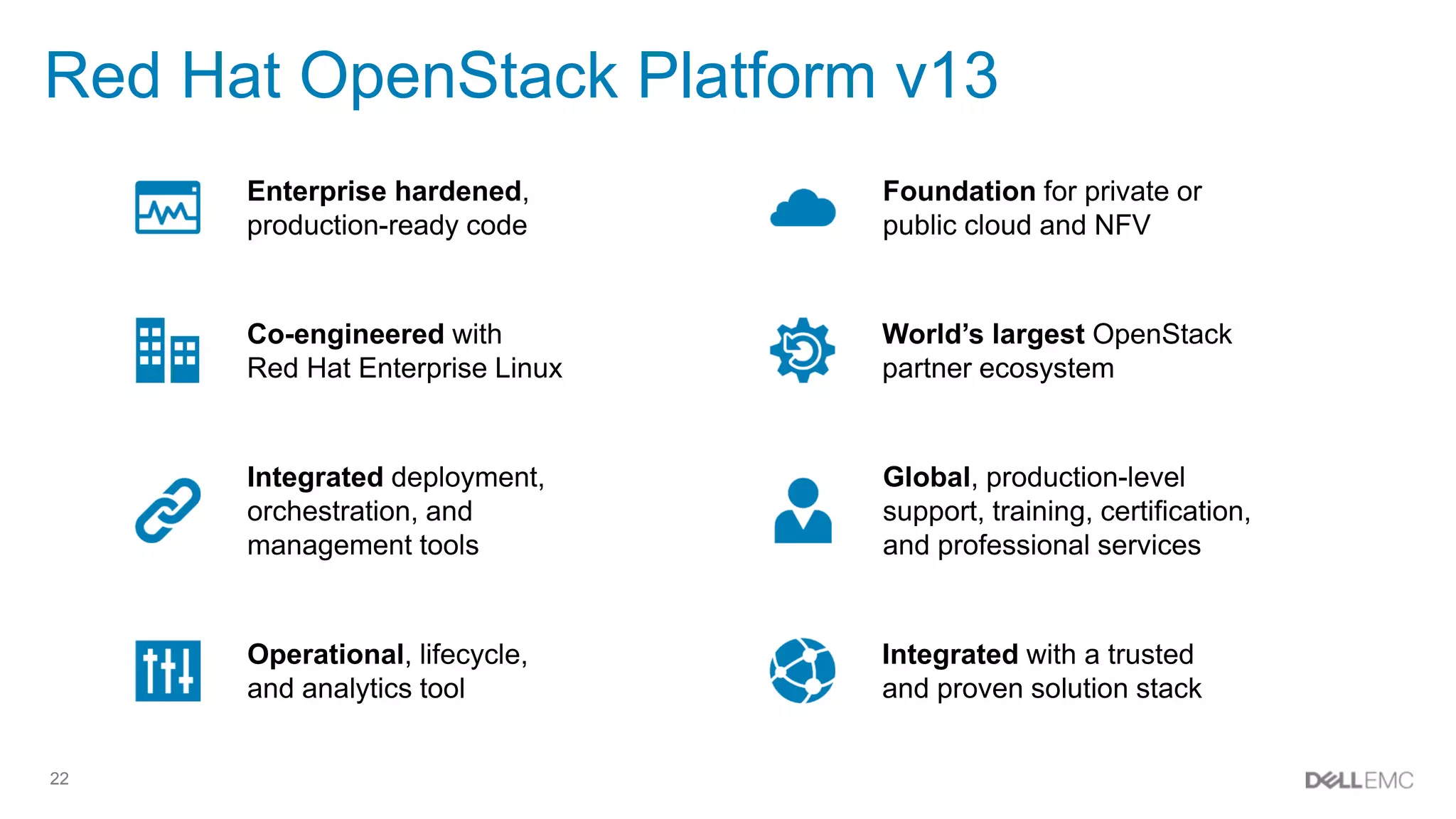 22
Red Hat OpenStack Platform v13
Enterprise hardened,
production-ready code
Co-engineered with
Red Hat Enterprise Linux
Integrated deployment,
orchestration, and
management tools
Operational, lifecycle,
and analytics tool
Foundation for private or
public cloud and NFV
Global, production-level
support, training, certification,
and professional services
World’s largest OpenStack
partner ecosystem
Integrated with a trusted
and proven solution stack
 