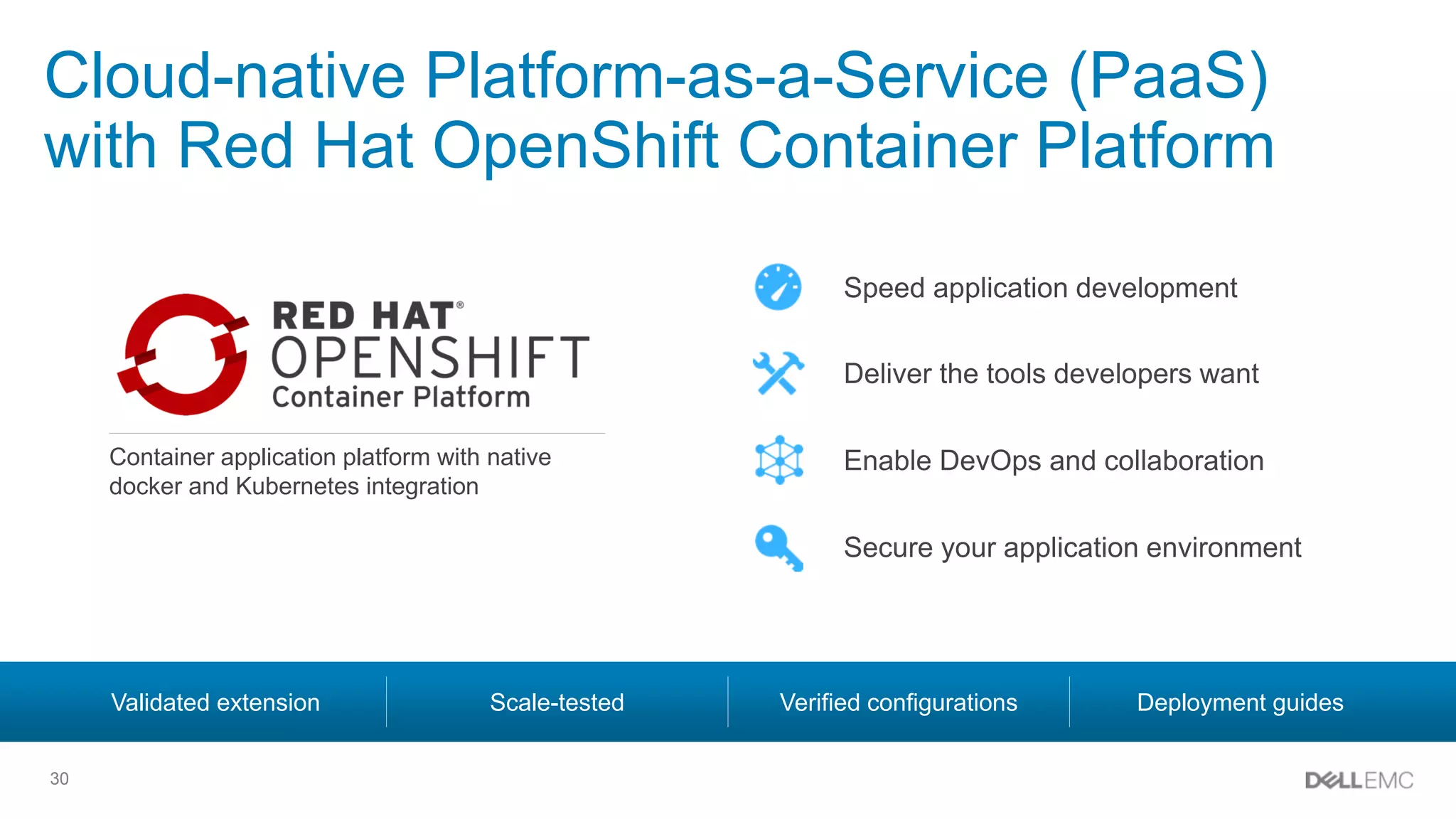30
Cloud-native Platform-as-a-Service (PaaS)
with Red Hat OpenShift Container Platform
Validated extension Scale-tested Verified configurations Deployment guides
Speed application development
Deliver the tools developers want
Enable DevOps and collaboration
Secure your application environment
Container application platform with native
docker and Kubernetes integration
 