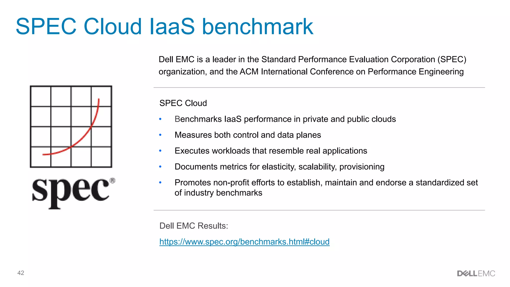 42
SPEC Cloud IaaS benchmark
Dell EMC is a leader in the Standard Performance Evaluation Corporation (SPEC)
organization, and the ACM International Conference on Performance Engineering
SPEC Cloud
• Benchmarks IaaS performance in private and public clouds
• Measures both control and data planes
• Executes workloads that resemble real applications
• Documents metrics for elasticity, scalability, provisioning
• Promotes non-profit efforts to establish, maintain and endorse a standardized set
of industry benchmarks
Dell EMC Results:
https://www.spec.org/benchmarks.html#cloud
 