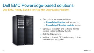 12
Dell EMC Ready Bundle for Red Hat OpenStack Platform
Dell EMC PowerEdge-based solutions
• Two options for server platforms:
– PowerEdge R-series rack servers or
– PowerEdge FX-series modular servers
• Compute, controller, and software-defined
storage nodes for Ready Bundle
• Dell EMC Networking
• Multiple optimized CPU and memory options
validated and supported
 