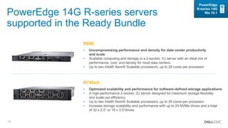13
PowerEdge 14G R-series servers
supported in the Ready Bundle
R740xd
• Optimized scalability and performance for software-defined storage applications
• A high-performance 2-socket, 2U server designed for maximum storage flexibility
and scale-out efficiency
• Up to two Intel® Xeon® Scalable processors, up to 28 cores per processor
• Increase storage scalability and performance with up to 24 NVMe drives and a total
of 32 x 2.5” or 18 x 3.5”drives
R640
• Uncompromising performance and density for data center productivity
and scale
• Scalable computing and storage in a 2-socket, 1U server with an ideal mix of
performance, cost, and density for most data centers.
• Up to two Intel® Xeon® Scalable processors, up to 28 cores per processor
PowerEdge
R-series 14G
Rls 10.1
 
