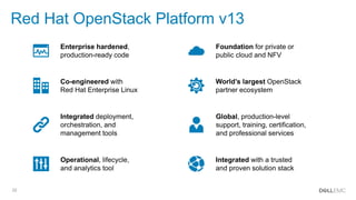 22
Red Hat OpenStack Platform v13
Enterprise hardened,
production-ready code
Co-engineered with
Red Hat Enterprise Linux
Integrated deployment,
orchestration, and
management tools
Operational, lifecycle,
and analytics tool
Foundation for private or
public cloud and NFV
Global, production-level
support, training, certification,
and professional services
World’s largest OpenStack
partner ecosystem
Integrated with a trusted
and proven solution stack
 