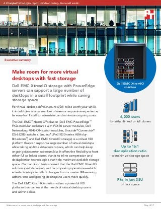Make room for more virtual desktops with fast storage	 May 2017
Executive summary
Make room for more virtual
desktops with fast storage
Dell EMC XtremIO storage with PowerEdge
servers can support a large number of
desktops in a small footprint while saving
storage space
For virtual desktop infrastructure (VDI) to be worth your while,
it should give a large number of users a responsive experience,
be easy for IT staff to administer, and minimize ongoing costs.
The Dell EMC™
XtremIO®
solution (Dell EMC PowerEdge™
FX2s modular enclosures with FC630 server modules, Dell
Networking 4048-ON switch modules, Brocade®
Connectrix®
DS-6620B switches, Emulex®
LPe31000-series HBAs by
Broadcom®
, and Dell EMC XtremIO storage) is a robust VDI
platform that can support a large number of virtual desktops
while taking up little datacenter space, which can help keep
ongoing datacenter expenses low. It offers the flexibility to host
either full or linked clones thanks to inline compression and
deduplication technologies that help maximize available storage
space. Our hands-on tests showed that the Dell EMC XtremIO
solution sped deploying and recomposing operations—which
refresh desktops to reflect changes from a master VM—saving
admins time and getting desktops to users more quickly.
The Dell EMC XtremIO solution offers a powerful VDI
platform that can meet the needs of virtual desktop users
and admins alike.
6,000 users
for either linked or full clones
Dell EMC XtremIO
solution
Up to 16:1
deduplication ratio
to maximize storage space
Fits in just 35U
of rack space
A Principled Technologies report: Hands-on testing. Real-world results.
 