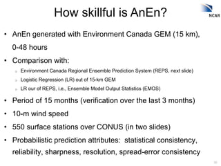 How skillful is AnEn?
•  AnEn generated with Environment Canada GEM (15 km),
  0-48 hours
•  Comparison with:
   o    Envi...