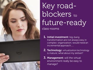 4
1. Initial investment: big-bang
transformation are not always easy in
complex organization; would need an
incrementalapproach…..
2. Technology: virtualizationtechnology
is mature; what about my skillset?
3. Management: will the virtual
environment really be easy to
manage?
Key road-
blockers to
future-ready
class-rooms
 